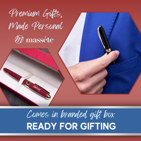 Massete Linea Executive Modern Luxury Ballpoint Pen, Glossy Black with 23K Gold Plated Trim, Twist to Open, Engravable, Presented in Gift Box, Extra Refill Included, Medium Tip, Black or Blue Ink