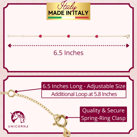 UNICORNJ 14k Yellow Gold with Enamel Heart Bracelet Italian Vertical Stacked 3 Heart Station for Girls Made in Italy 6.5"