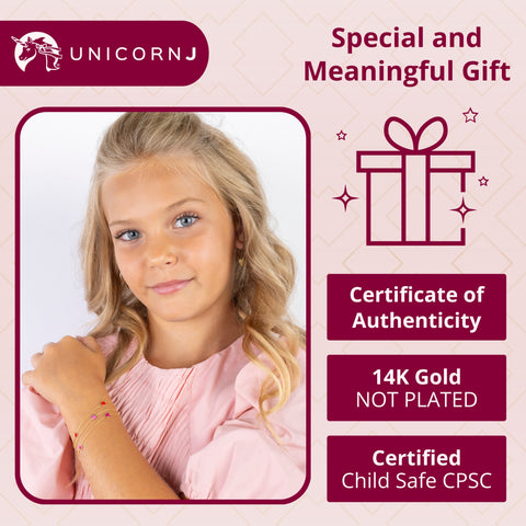 UNICORNJ 14k Yellow Gold with Enamel Heart Bracelet Italian Vertical Stacked 3 Heart Station for Girls Made in Italy 6.5"