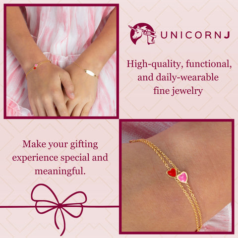 UNICORNJ 14k Yellow Gold with Enamel Heart Bracelet Italian Vertical Stacked 3 Heart Station for Girls Made in Italy 6.5"