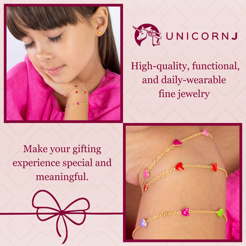 UNICORNJ 14k Yellow Gold Enamel Mini Heart Bracelet Charm Dangle or Vertical Stacked 5 Heart Station for Girls Kids Toddlers Babies Made in Italy 5.25 or 5.5 inches