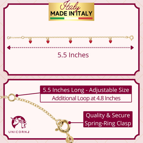 UNICORNJ 14k Yellow Gold Enamel Mini Heart Bracelet Charm Dangle or Vertical Stacked 5 Heart Station for Girls Kids Toddlers Babies Made in Italy 5.25 or 5.5 inches