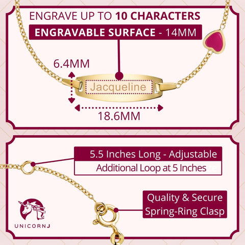 UNICORNJ 14k Yellow Gold Girls ID Bracelet Engravable with Enamel Charm for Girls Kids Toddler Baby Made in Italy 5.5"