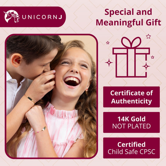UNICORNJ 14k Yellow Gold Girls ID Bracelet Engravable with Enamel Charm for Girls Kids Toddler Baby Made in Italy 5.5"