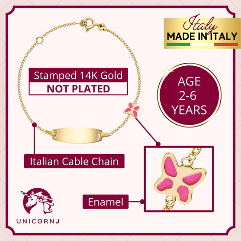 UNICORNJ 14k Yellow Gold Girls ID Bracelet Engravable with Enamel Charm for Girls Kids Toddler Baby Made in Italy 5.5"