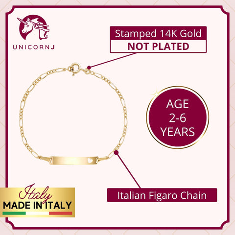 UNICORNJ 14k Yellow Gold Girls ID Bracelet Engravable with Heart Cutout for Girls Kids Toddler Baby Figaro Chain 3+1 Links Made in Italy 5.5"