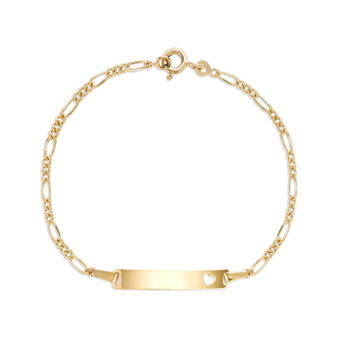 UNICORNJ 14k Yellow Gold Girls ID Bracelet Engravable with Heart Cutout for Girls Kids Toddler Baby Figaro Chain 3+1 Links Made in Italy 5.5"
