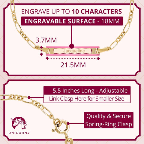 UNICORNJ 14k Yellow Gold Girls ID Bracelet Engravable with Pink Enamel Outline for Girls Kids Toddler Baby Figaro Chain 3+1 Links Made in Italy 5.5"