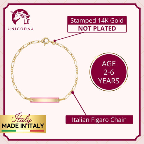 UNICORNJ 14k Yellow Gold Girls ID Bracelet Engravable with Pink Enamel Outline for Girls Kids Toddler Baby Figaro Chain 3+1 Links Made in Italy 5.5"