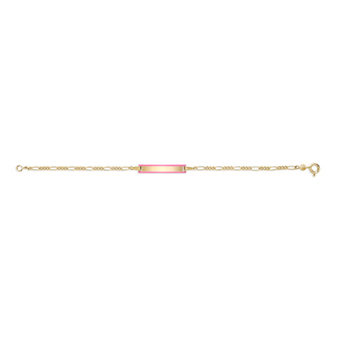 UNICORNJ 14k Yellow Gold Girls ID Bracelet Engravable with Pink Enamel Outline for Girls Kids Toddler Baby Figaro Chain 3+1 Links Made in Italy 5.5"