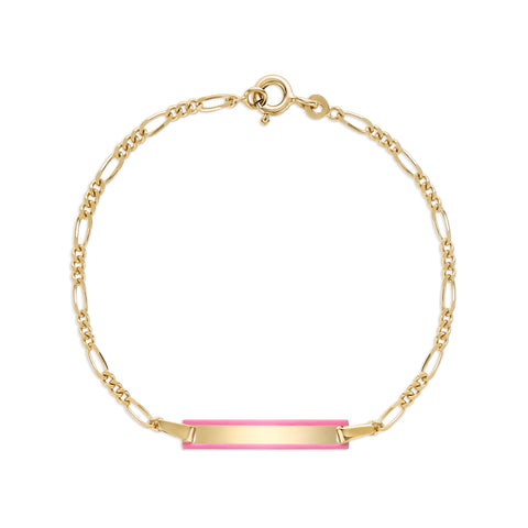 UNICORNJ 14k Yellow Gold Girls ID Bracelet Engravable with Pink Enamel Outline for Girls Kids Toddler Baby Figaro Chain 3+1 Links Made in Italy 5.5"