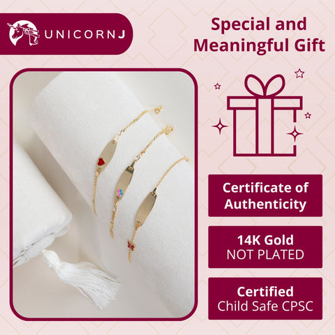 UNICORNJ 14k Yellow Gold Girls ID Bracelet Engravable with Pink and Blue Enamel Butterfly on ID Plate for Girls Kids Toddler Baby Figaro Chain 3+1 Links Made in Italy 5.5"