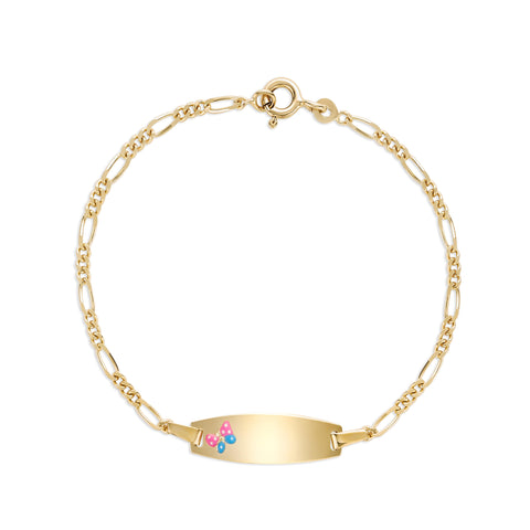 UNICORNJ 14k Yellow Gold Girls ID Bracelet Engravable with Pink and Blue Enamel Butterfly on ID Plate for Girls Kids Toddler Baby Figaro Chain 3+1 Links Made in Italy 5.5"