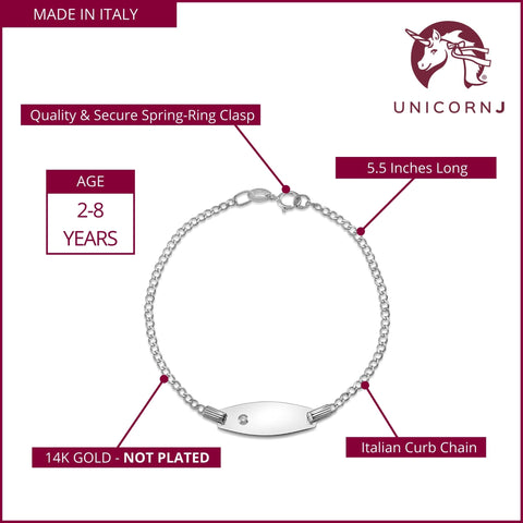 UNICORNJ Kids 14K White Gold Bowed ID Bracelet Curb Chain 5.5" with Diamond Accent 0.01 ct Italy