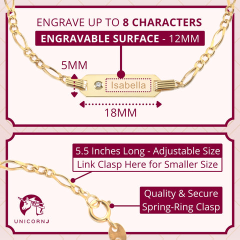 14K Yellow Gold ID Bracelet Figaro Chain Diamond Accent 0.01 ct 5.5" Italy for Boys and Girls