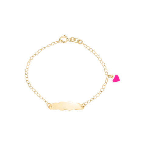 14k Gold ID Bracelet Engravable Girls Boys Kids Baby Pink Enamel Heart Charm Made in Italy