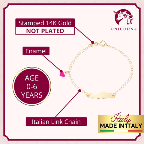 14k Gold ID Bracelet Engravable Girls Boys Kids Baby Pink Enamel Heart Charm Made in Italy