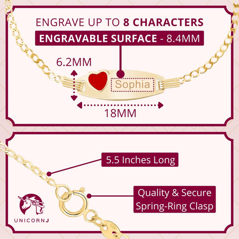 14k Solid Gold Kids ID Bracelet with Red Enamel Heart Charm | Engravable | Curb Chain | Made in Italy | Gift for Girls and Boys