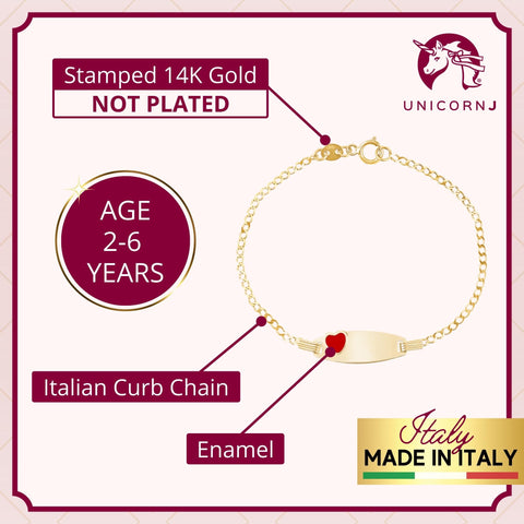 14k Solid Gold Kids ID Bracelet with Red Enamel Heart Charm | Engravable | Curb Chain | Made in Italy | Gift for Girls and Boys