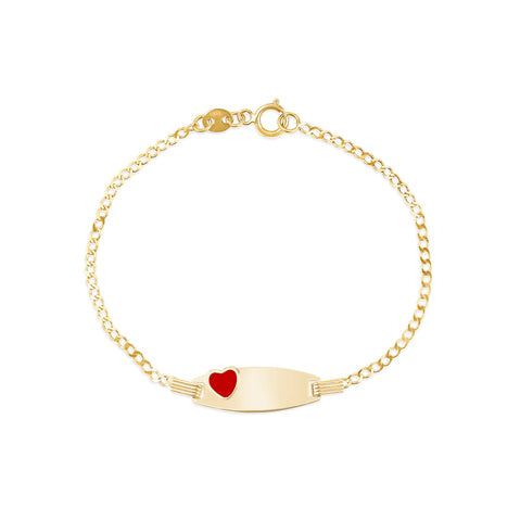 14k Solid Gold Kids ID Bracelet with Red Enamel Heart Charm | Engravable | Curb Chain | Made in Italy | Gift for Girls and Boys