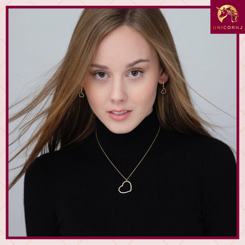 14K Yellow or Rose Gold Beaded Sideways Heart Outline Dangle Earrings on Leverback