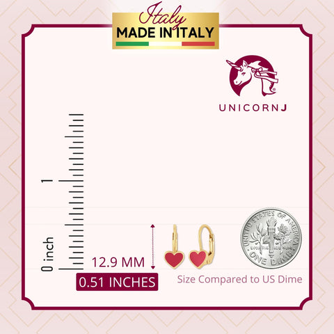 14K White or Yellow Gold Small Heart Leverback Earrings with Light Blue or Pink and Dark Pink Enamel