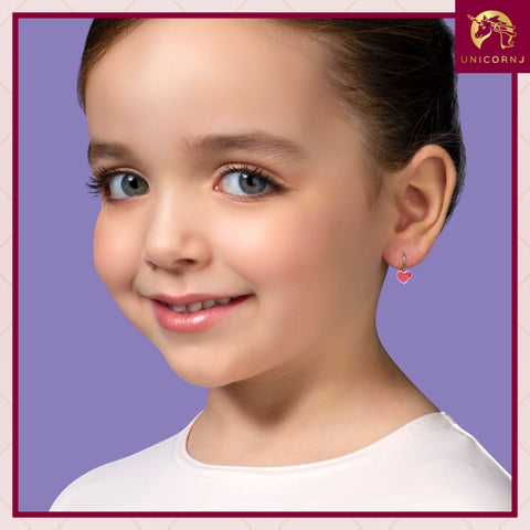 14K White or Yellow Gold Small Heart Leverback Earrings with Light Blue or Pink and Dark Pink Enamel