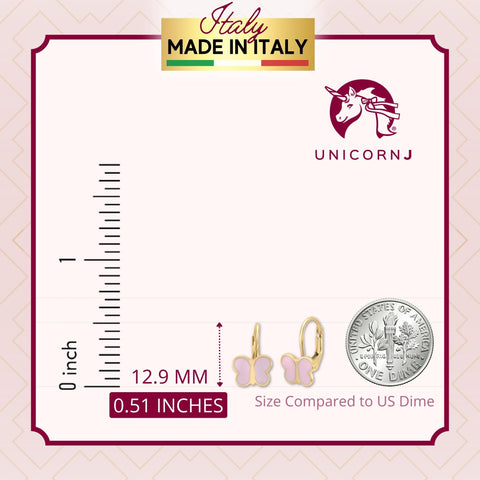 UNICORNJ 14K Yellow Gold Childrens Cute Butterfly Leverback Earrings with Light Pink or Red Enamel Italy
