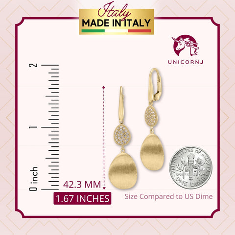 14K Yellow Gold Graduated Double Dangle Teardrop Brushed or Polished and Pave CZ Leverback Earrings
