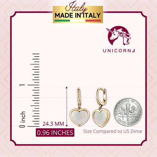 14K Yellow Gold Heart Leverback Earrings Mother of Pearl or Pink for Girls and Women Italy