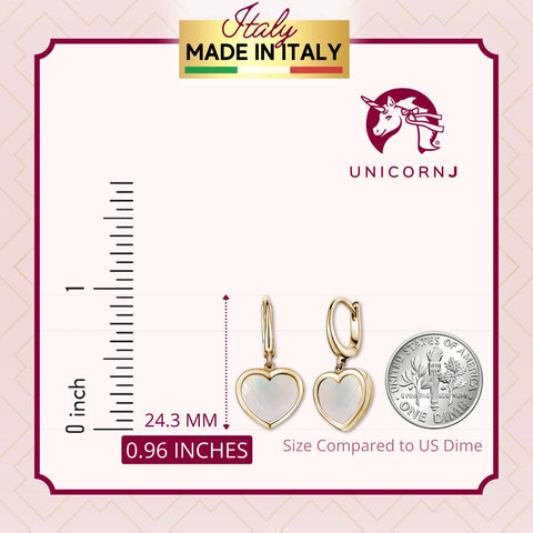 14K Yellow Gold Heart Leverback Earrings Mother of Pearl or Pink for Girls and Women Italy