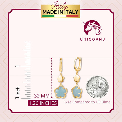 14K Yellow Gold Leverback Double Dangle Flower Earrings with Flower Shape Blue Green Pink Italy