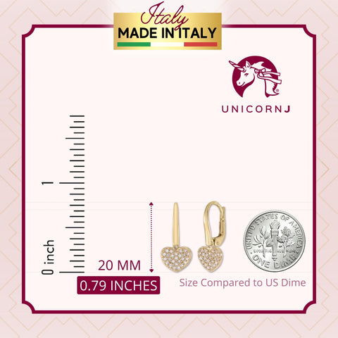 Heart Leverback Earrings in 14k Gold Yellow White Red or Rose with CZ Pave