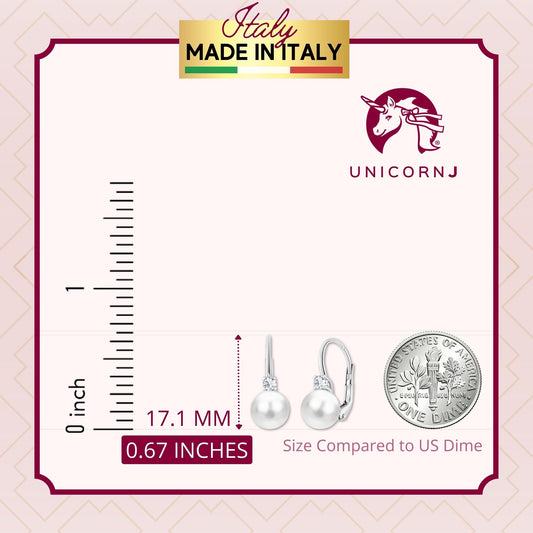UNICORNJ 14K White Gold Freshwater Cultured Pearl Leverback Earrings with CZ Italy