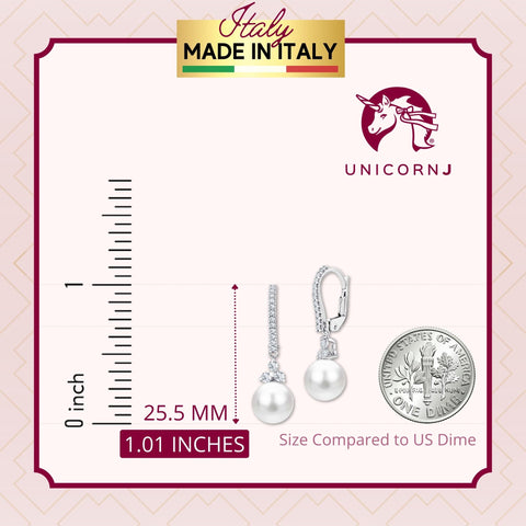UNICORNJ 14K White Gold Freshwater Cultured Pearl Dangle Leverback Earrings with CZ Trillium Cluster Italy