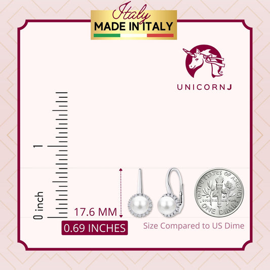UNICORNJ 14K White Gold CZ Halo Leverback Earrings with Freshwater Cultured Pearl Italy