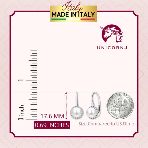 UNICORNJ 14K White Gold CZ Halo Leverback Earrings with Freshwater Cultured Pearl Italy