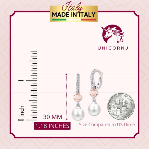 UNICORNJ 14K White Gold Freshwater Cultured Pearl Double Dangle Leverback Earrings with Rose Gold Plated Heart Accent Italy