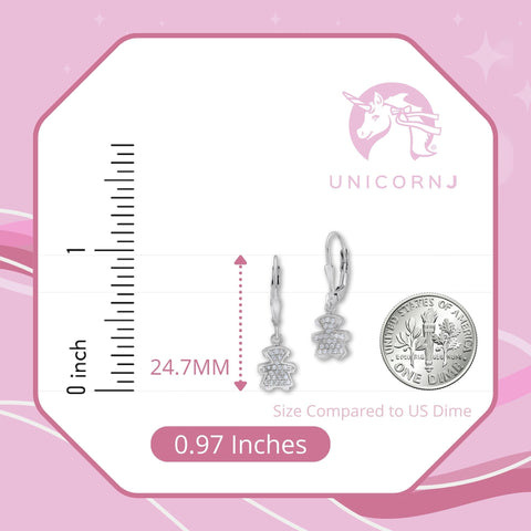 UNICORNJ Sterling Silver 925 Cute Girl Silhouette Charm Dangle Leverback Earrings with Pave or Pink CZ Italy