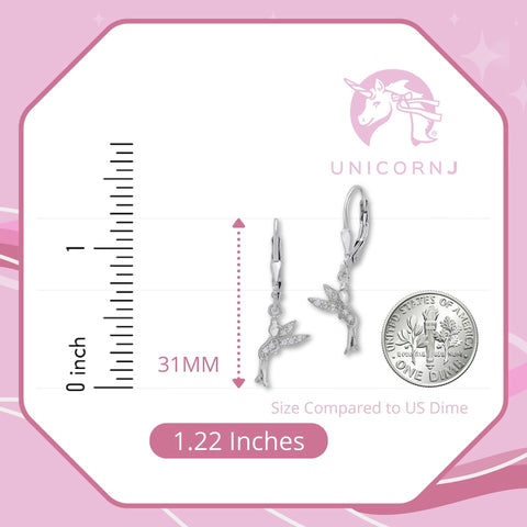 UNICORNJ Sterling Silver 925 Dark Pink Fairy Dangle Leverback Earrings with Pave CZ Italy