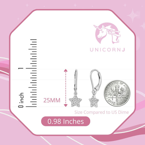UNICORNJ Sterling Silver 925 Star Dangle Leverback Earrings with Pave Cubic Zirconia Italy