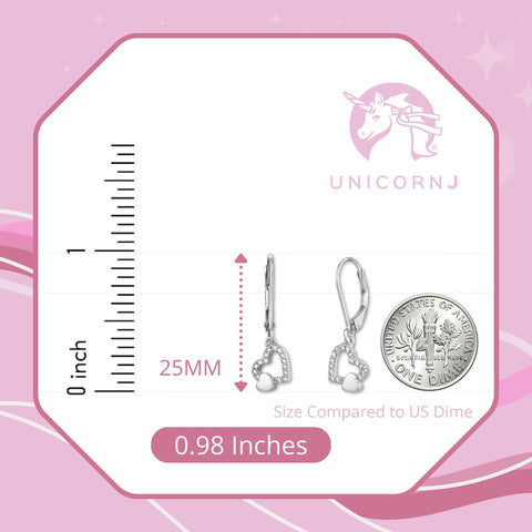 UNICORNJ Sterling Silver 925 Tilted Heart Outline Dangle Leverback Earrings with Pave CZ Italy