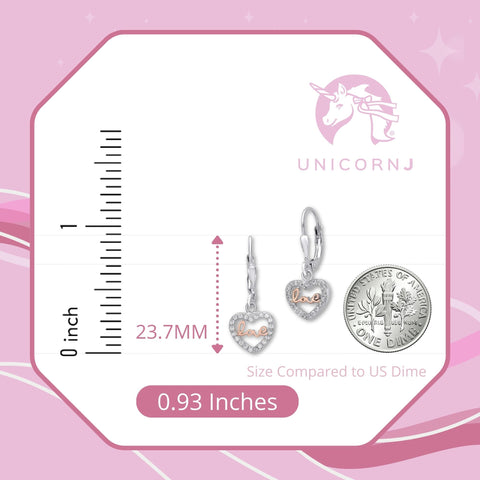 Sterling Silver 925 Dangle Leverback Earrings Heart Outline with CZ's and Love Letters Italy