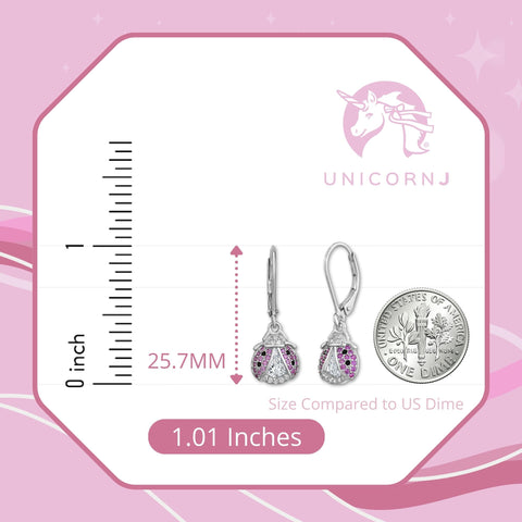 Sterling Silver 925 Large Ladybug Dangle Leverback Earrings with Pave Cubic Zirconia Italy