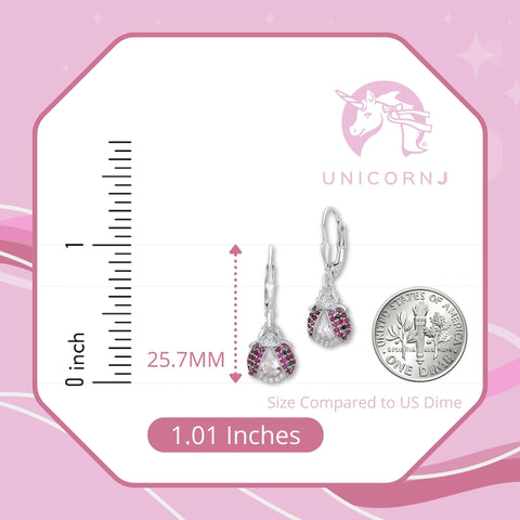 Sterling Silver 925 Large Ladybug Dangle Leverback Earrings with Pave Cubic Zirconia Italy