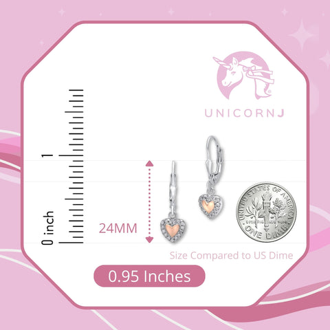 Sterling Silver 925 Heart in Heart Dangle Leverback Earrings with Pave Cubic Zirconia Italy