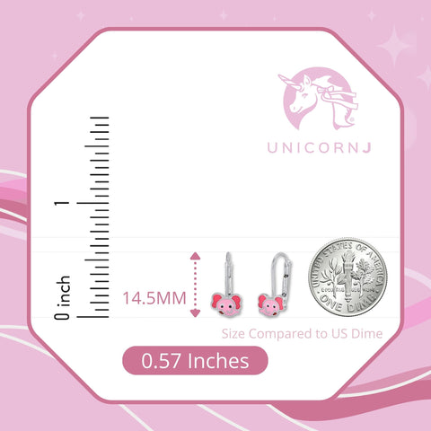 Childrens Sterling Silver 925 Cute Elephant Earrings Leverback with Pink Enamel