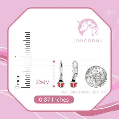 Childrens Sterling Silver 925 Ladybug Earrings Leverback Dangle with Enamel