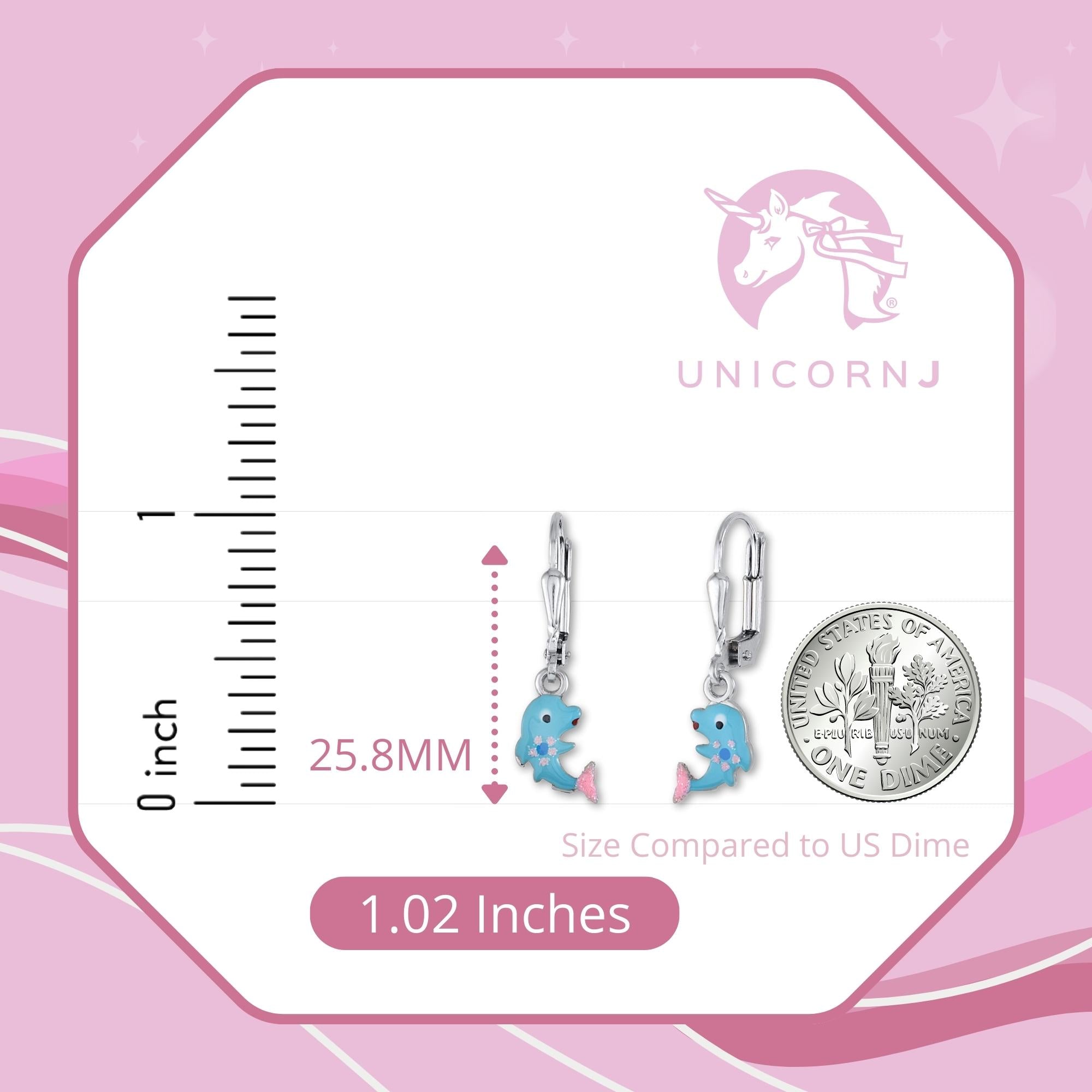 Childrens Sterling Silver 925 Cute Dolphin Earrings Leverback Dangle with Blue or Pink Enamel