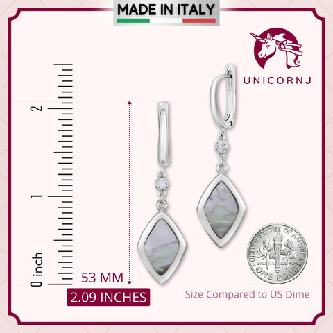 Sterling Silver Leverback Earrings with Bezel Set CZ and Mother of Pearl Dangle